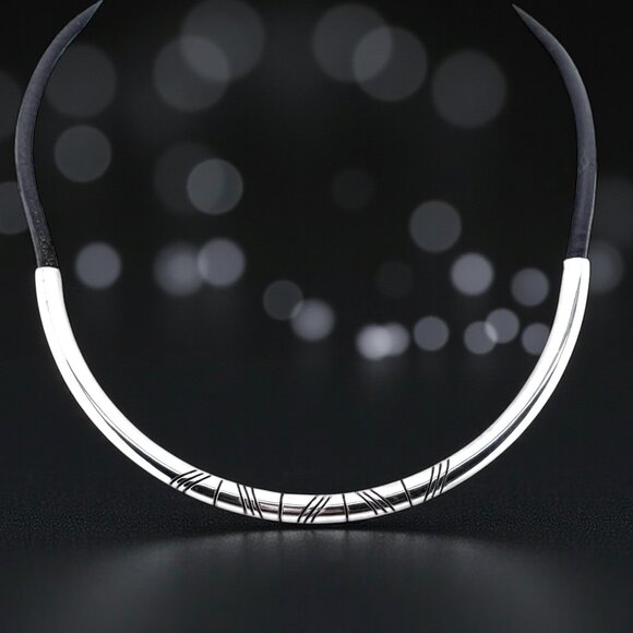 Vintage Mexican Sterling Silver Choker Necklace – Taxco Black Cord Collar - Picture 1 of 9